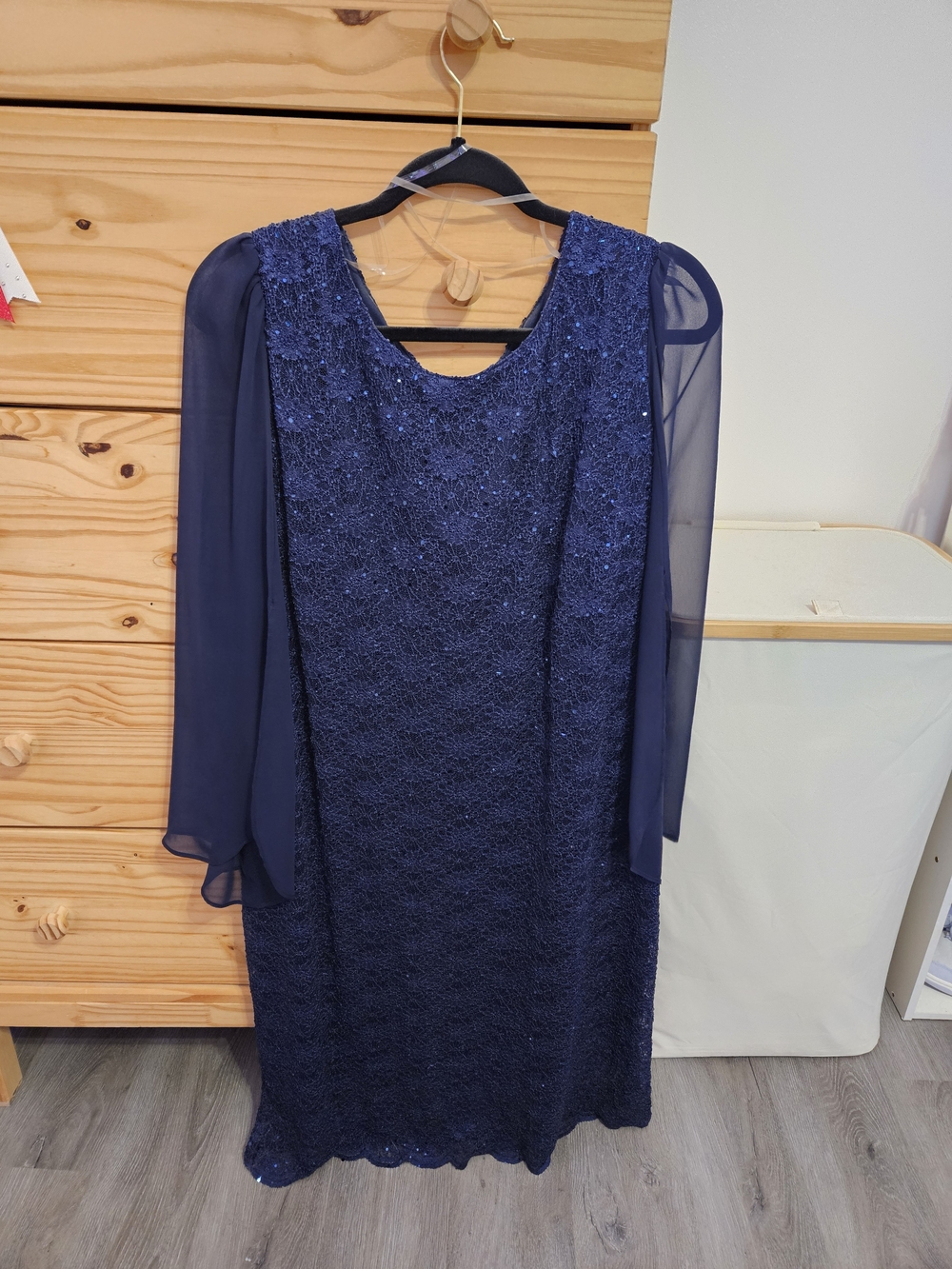 connected apparel Navy Beaded Lace Long Sleeve Evening Dress